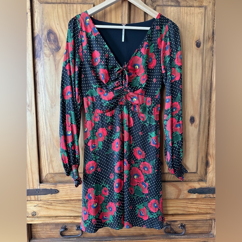 Free People Morning Glory Baby Doll Dress Long Sleeve Mini Floral Black Red - 6